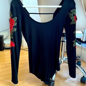 Black bodysuit - long sleeve cotton with roses on shoulders in Size Small